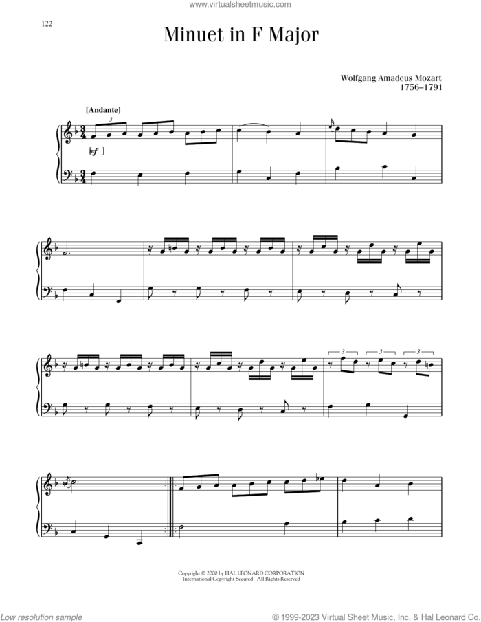 Minuet In F Major sheet music for piano solo by Wolfgang Amadeus Mozart, classical score, intermediate skill level