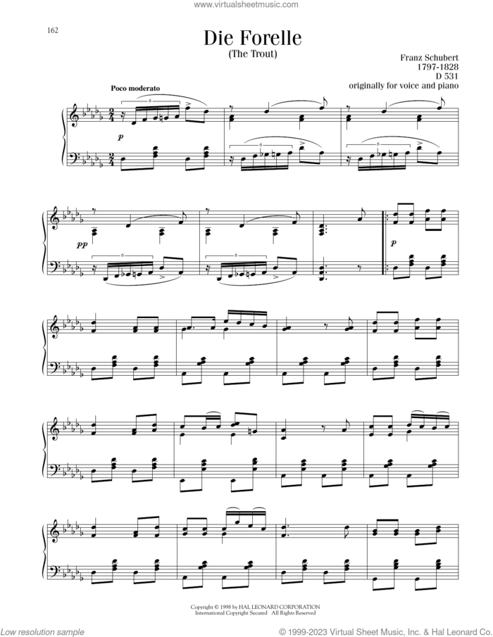 Die Forelle sheet music for piano solo by Franz Schubert and Christian Friedrich Schubart, classical score, intermediate skill level