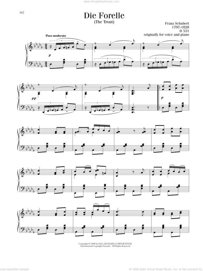 Die Forelle sheet music for piano solo by Franz Schubert and Christian Friedrich Schubart, classical score, intermediate skill level