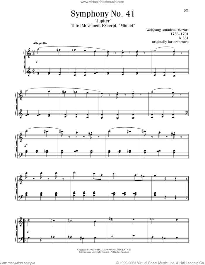 Symphony No. 41 In C Major ('Jupiter'), Third Movement ('Minuet') Excerpt sheet music for piano solo by Wolfgang Amadeus Mozart, classical score, intermediate skill level