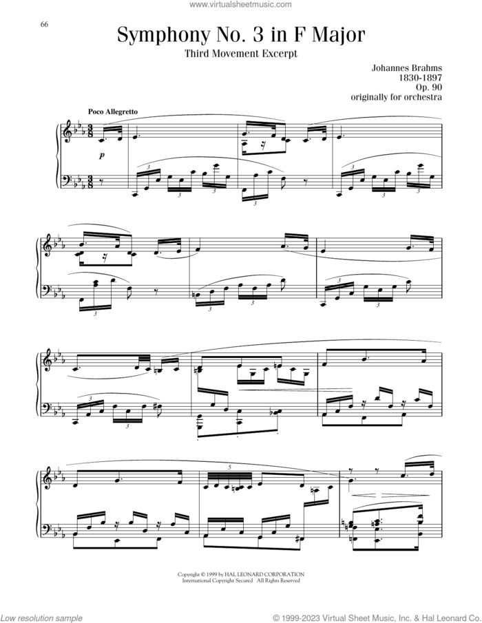 Symphony No. 3 In F Major, Op. 90 sheet music for piano solo by Johannes Brahms, classical score, intermediate skill level