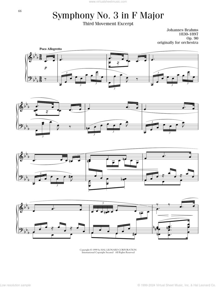 Symphony No. 3 In F Major, Op. 90 sheet music for piano solo by Johannes Brahms, classical score, intermediate skill level