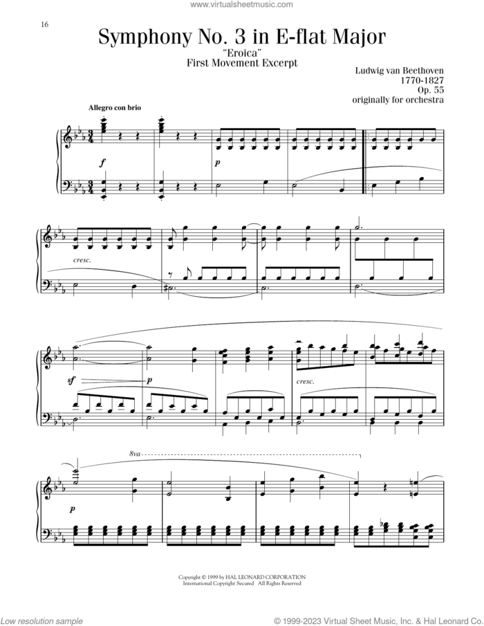 Symphony No. 3 In E-Flat Major, Op. 55 sheet music for piano solo by Ludwig van Beethoven, classical score, intermediate skill level