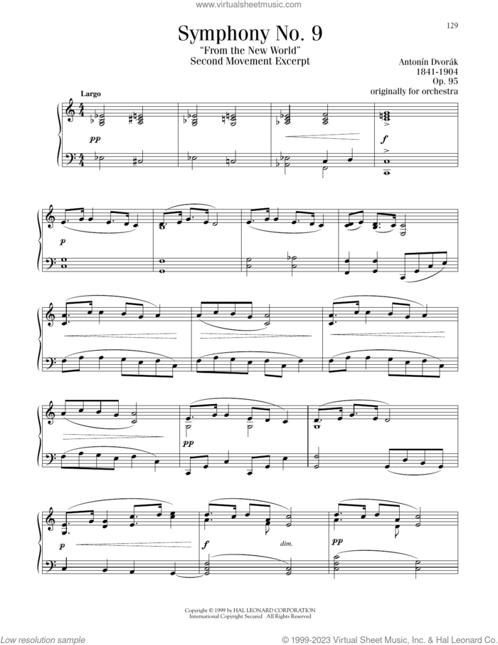 Symphony No. 9 In E Minor ('From The New World'), Second Movement Excerpt sheet music for piano solo by Antonin Dvorak, classical score, intermediate skill level