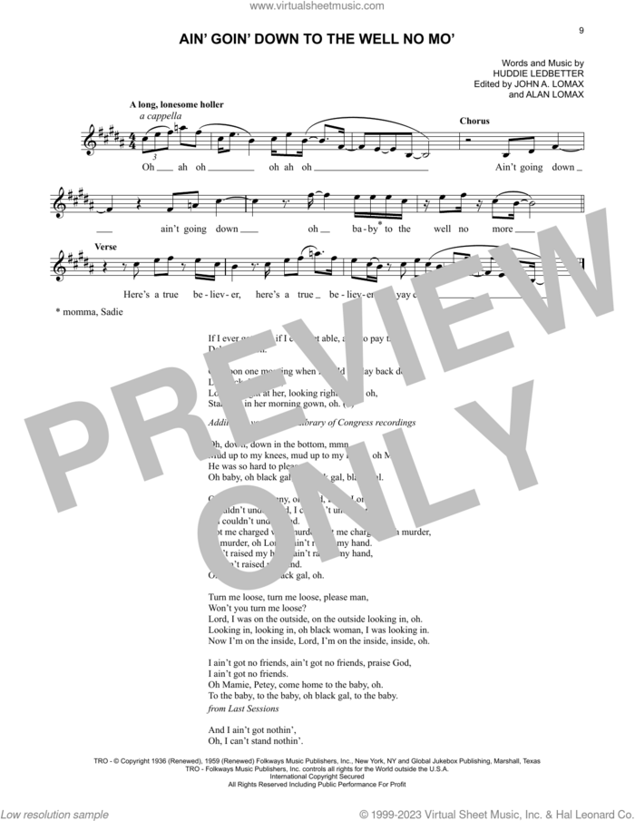 Ain' Goin' Down To The Well No Mo' sheet music for voice and other instruments (fake book) by Lead Belly, Alan Lomax (ed.), Huddie Ledbetter and John A. Lomax (ed.), intermediate skill level