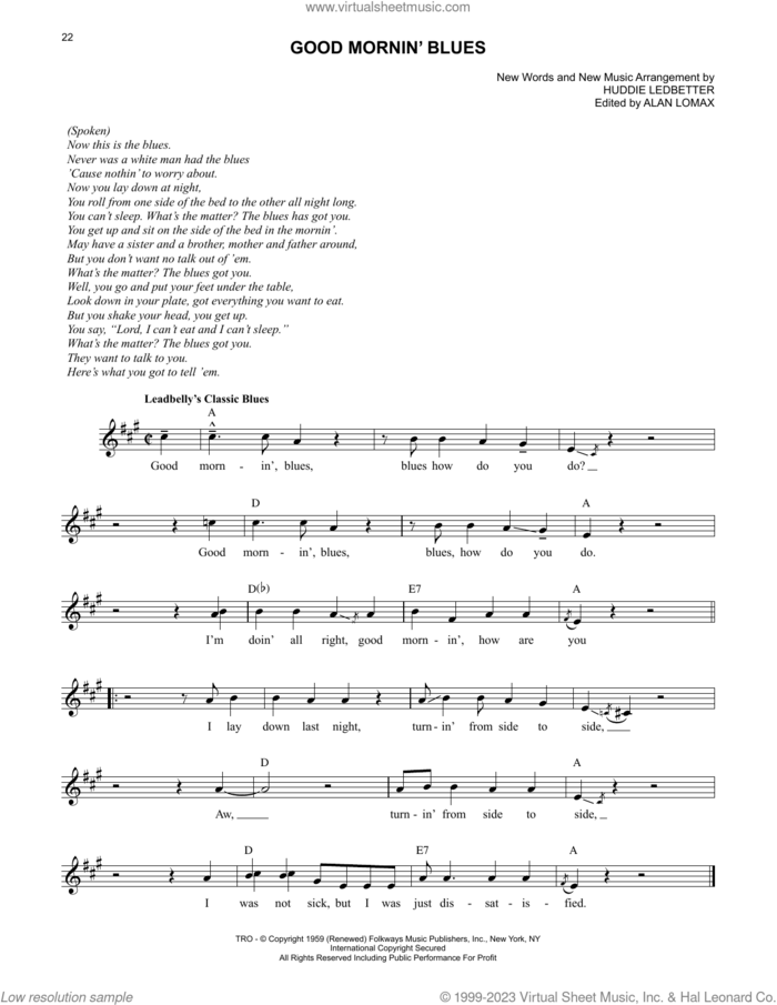Good Mornin' Blues sheet music for voice and other instruments (fake book) by Lead Belly, Alan Lomax (ed.) and Huddie Ledbetter, intermediate skill level