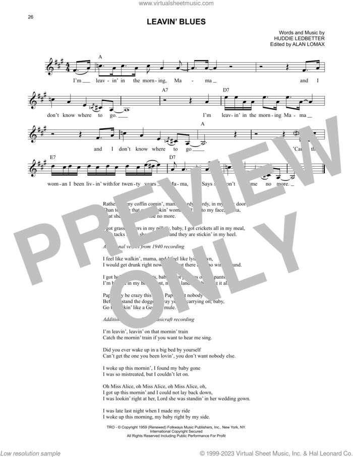 Leavin' Blues sheet music for voice and other instruments (fake book) by Lead Belly, Alan Lomax (ed.) and Huddie Ledbetter, intermediate skill level
