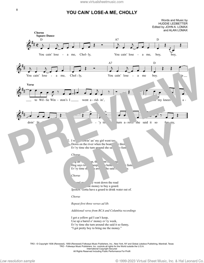 You Cain' Lose-A Me, Cholly sheet music for voice and other instruments (fake book) by Lead Belly, Alan Lomax (ed.), Huddie Ledbetter and John A. Lomax (ed.), intermediate skill level