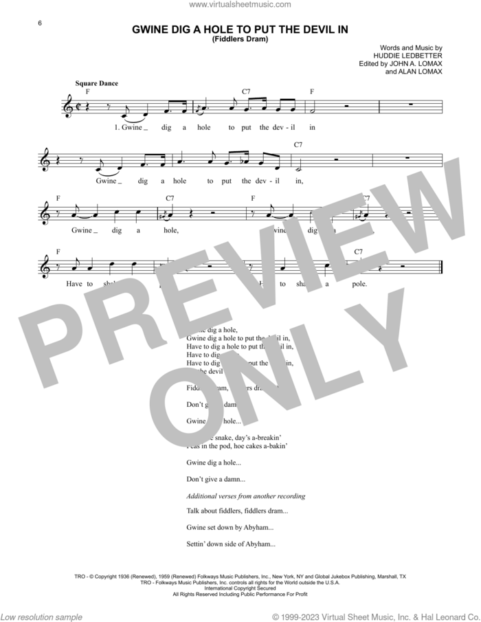 Gwine Dig A Hole To Put The Devil In (Fiddlers Dram) sheet music for voice and other instruments (fake book) by Lead Belly, Alan Lomax (ed.), Huddie Ledbetter and John A. Lomax (ed.), intermediate skill level