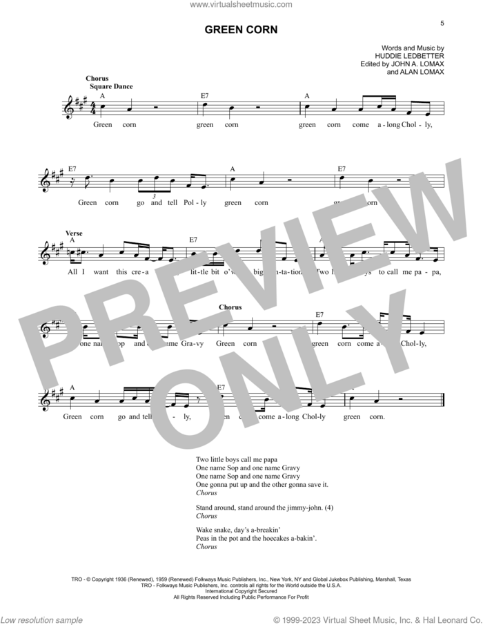 Green Corn sheet music for voice and other instruments (fake book) by Lead Belly, Alan Lomax (ed.), Huddie Ledbetter and John A. Lomax (ed.), intermediate skill level