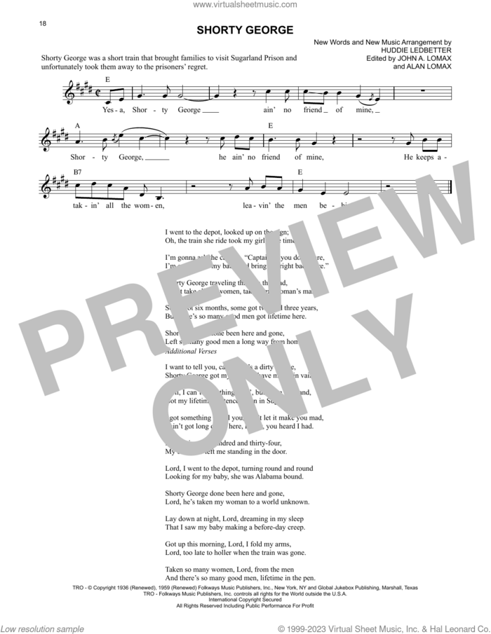 Shorty George sheet music for voice and other instruments (fake book) by Lead Belly, Alan Lomax (ed.), Huddie Ledbetter and John A. Lomax (ed.), intermediate skill level
