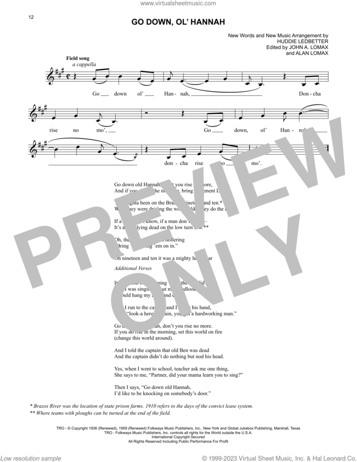 Go Down, Ol' Hannah sheet music for voice and other instruments (fake book) by Lead Belly, Alan Lomax (ed.), Huddie Ledbetter and John A. Lomax (ed.), intermediate skill level