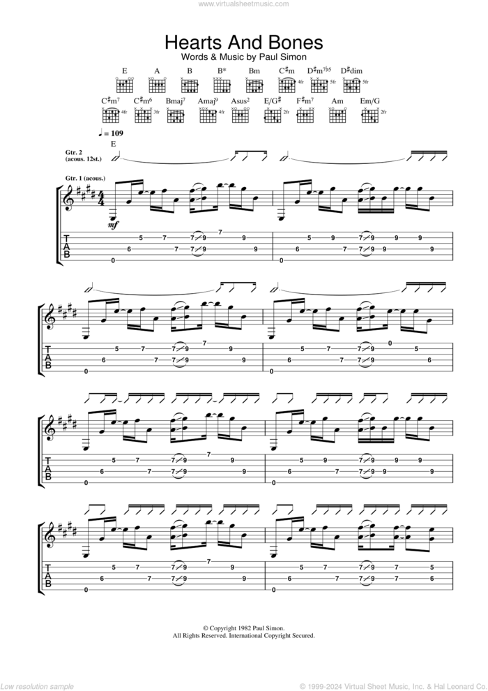 Hearts And Bones sheet music for guitar (tablature) by Paul Simon, intermediate skill level