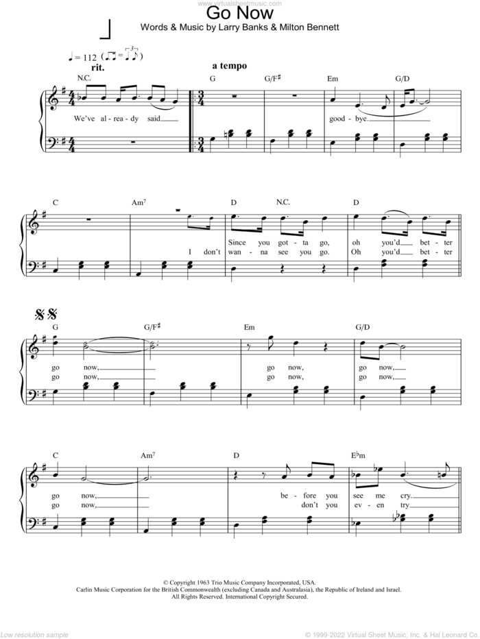 Go Now sheet music for piano solo by The Moody Blues, Larry Banks and Milton Bennett, intermediate skill level