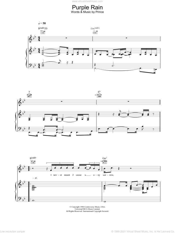 Purple Rain sheet music for voice, piano or guitar by Prince and Prince & The Revolution, intermediate skill level