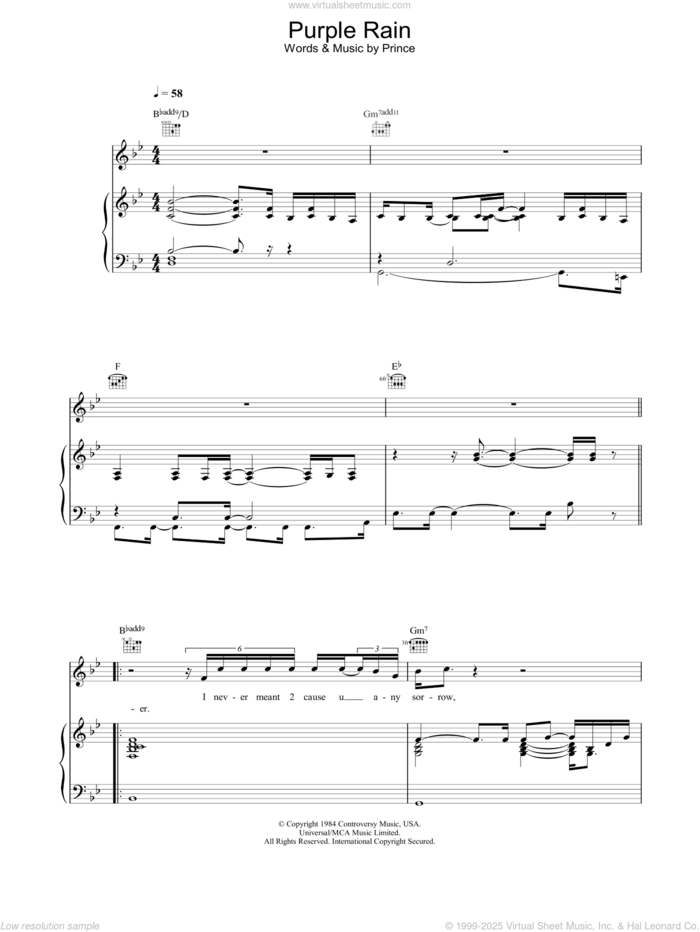 Purple Rain sheet music for voice, piano or guitar by Prince and Prince & The Revolution, intermediate skill level