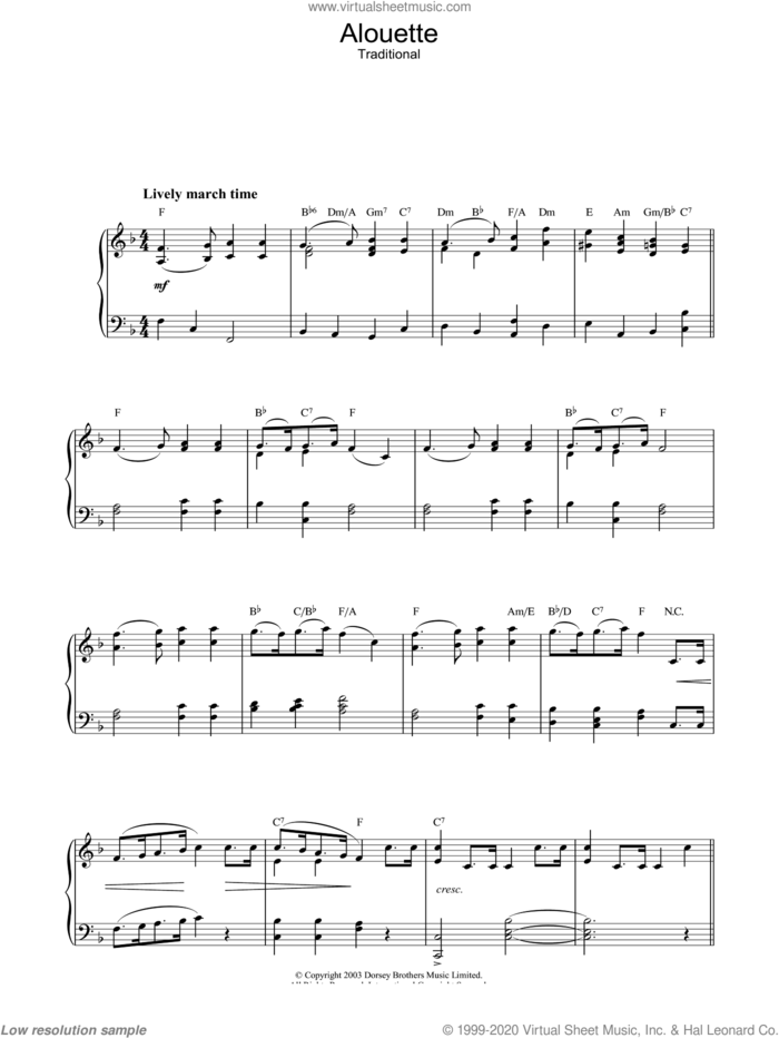 Alouette, (intermediate) sheet music for piano solo, intermediate skill level