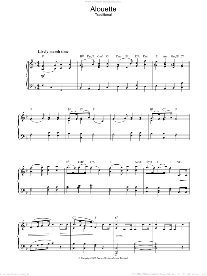 Alouette, (intermediate) sheet music for piano solo, intermediate skill level