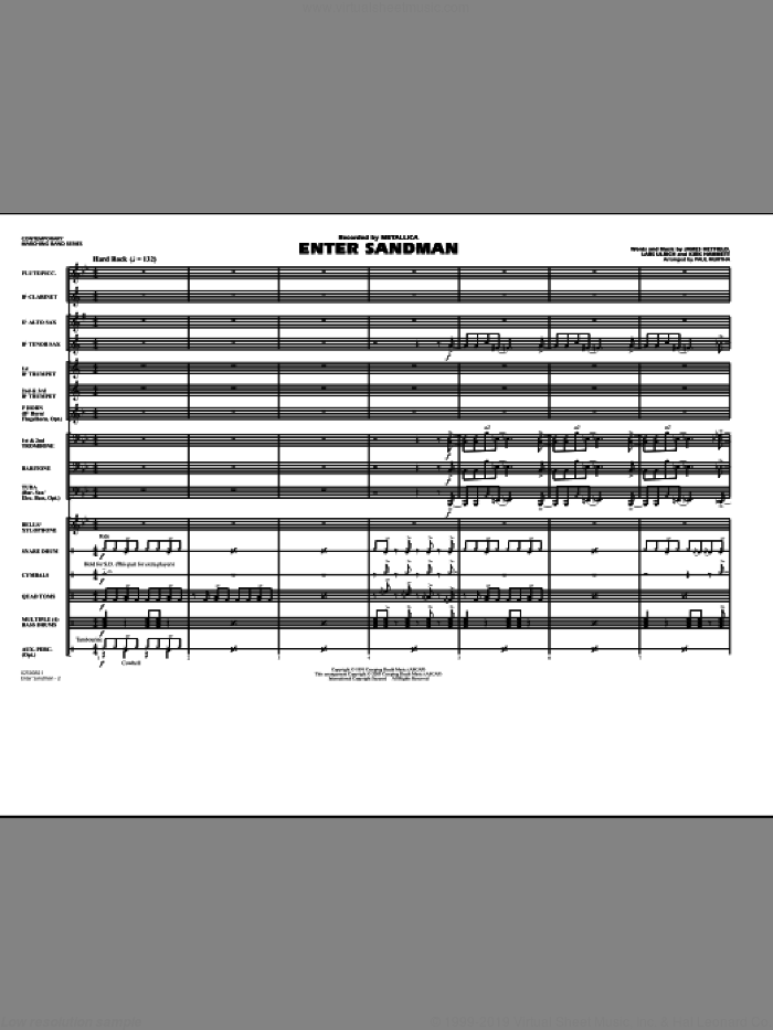 Enter Sandman (COMPLETE) sheet music for marching band by Paul Murtha, James Hetfield, Kirk Hammett, Lars Ulrich and Metallica, intermediate skill level