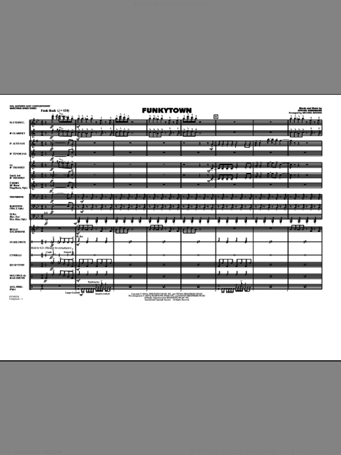 Funkytown (COMPLETE) sheet music for marching band by Michael Brown, Steven Greenberg and Lipps Inc., intermediate skill level