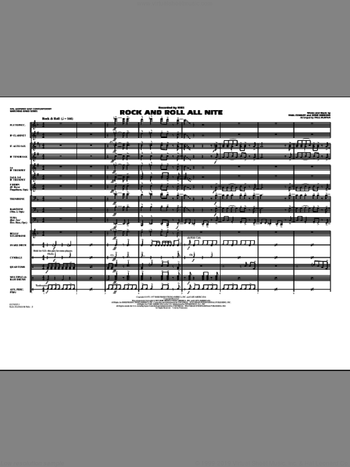 Rock And Roll All Nite (COMPLETE) sheet music for marching band by Paul Murtha, Gene Simmons, Paul Stanley and KISS, intermediate skill level