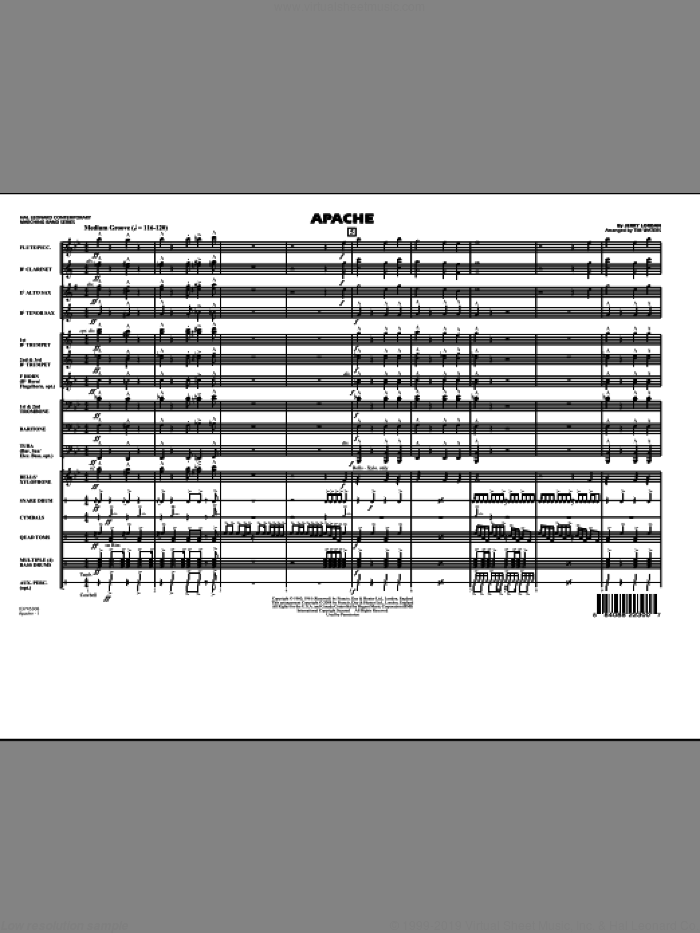 Apache (COMPLETE) sheet music for marching band by Tim Waters and Jerry Lordan, intermediate skill level