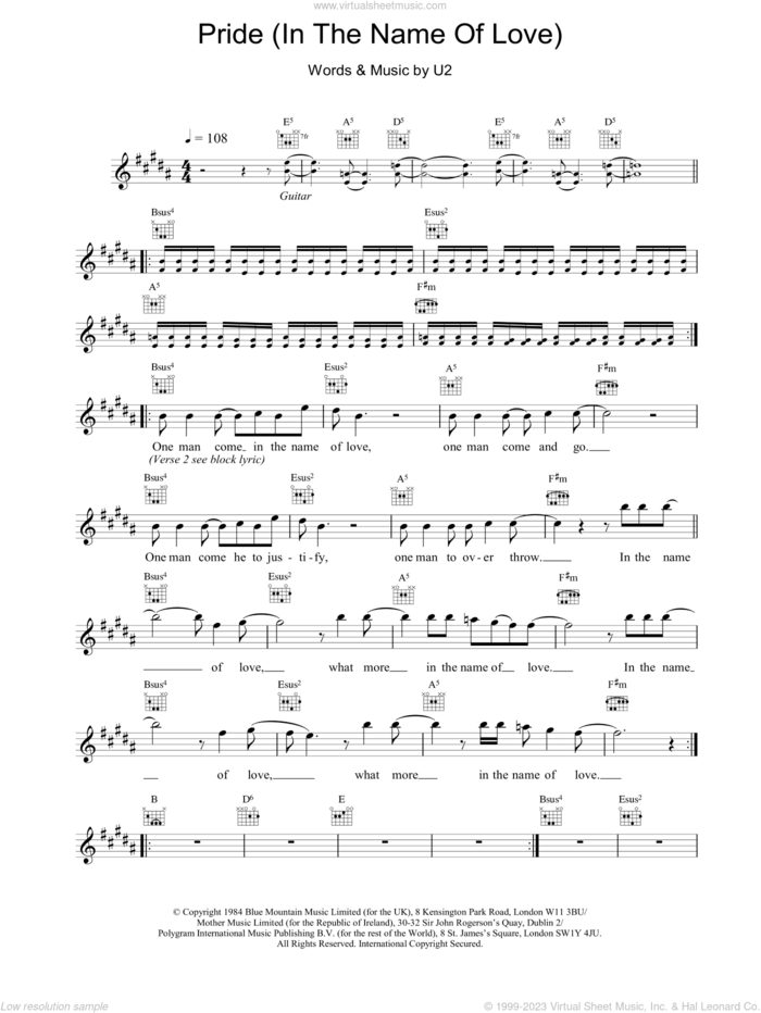 Pride (In The Name Of Love) sheet music for voice and other instruments (fake book) by U2, intermediate skill level