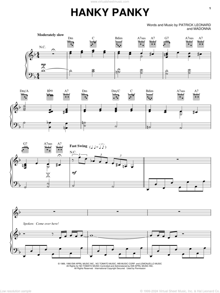 Hanky Panky sheet music for voice, piano or guitar by Madonna and Patrick Leonard, intermediate skill level