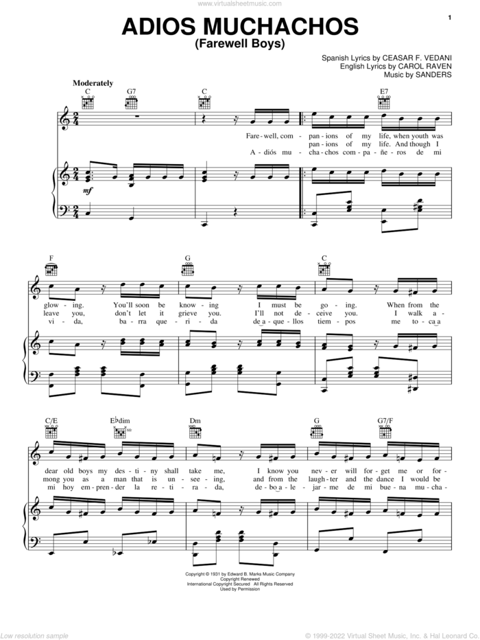 Adios Muchachos (Farewell Boys) sheet music for voice, piano or guitar by Julio Cesar Sanders, Carol Raven and Ceasar F. Vedani, intermediate skill level