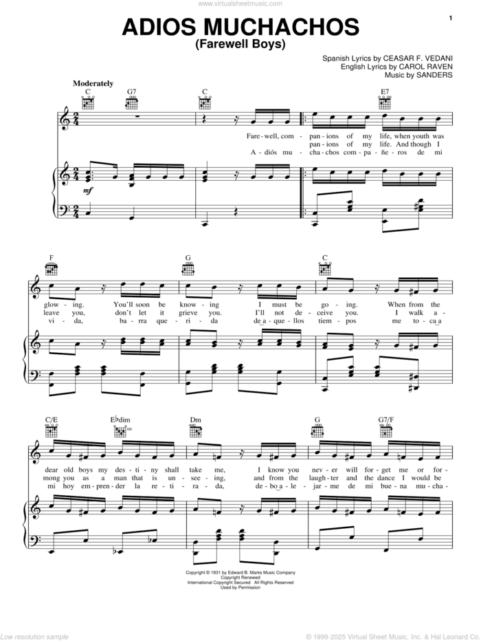 Adios Muchachos (Farewell Boys) sheet music for voice, piano or guitar by Julio Cesar Sanders, Carol Raven and Ceasar F. Vedani, intermediate skill level