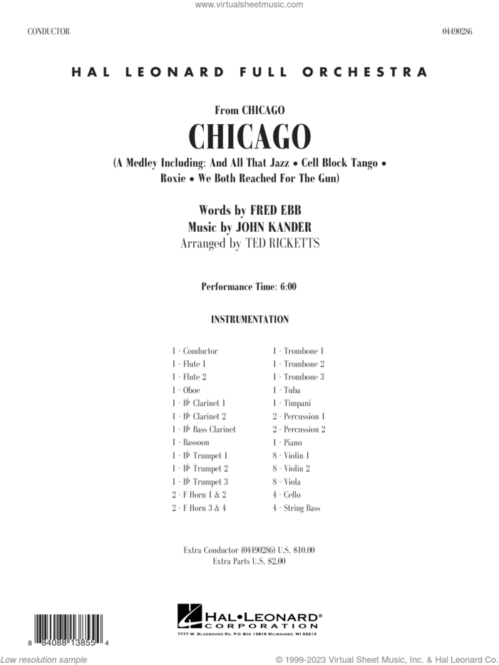 Chicago (arr. Ted Ricketts) (COMPLETE) sheet music for full orchestra by John Kander, Fred Ebb, Kander & Ebb and Ted Ricketts, intermediate skill level