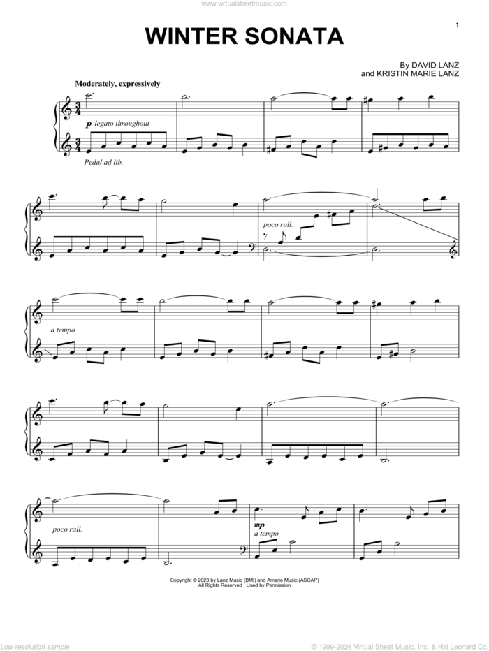 Winter Sonata sheet music for piano solo by David Lanz and Kristin Marie Lanz, classical score, intermediate skill level