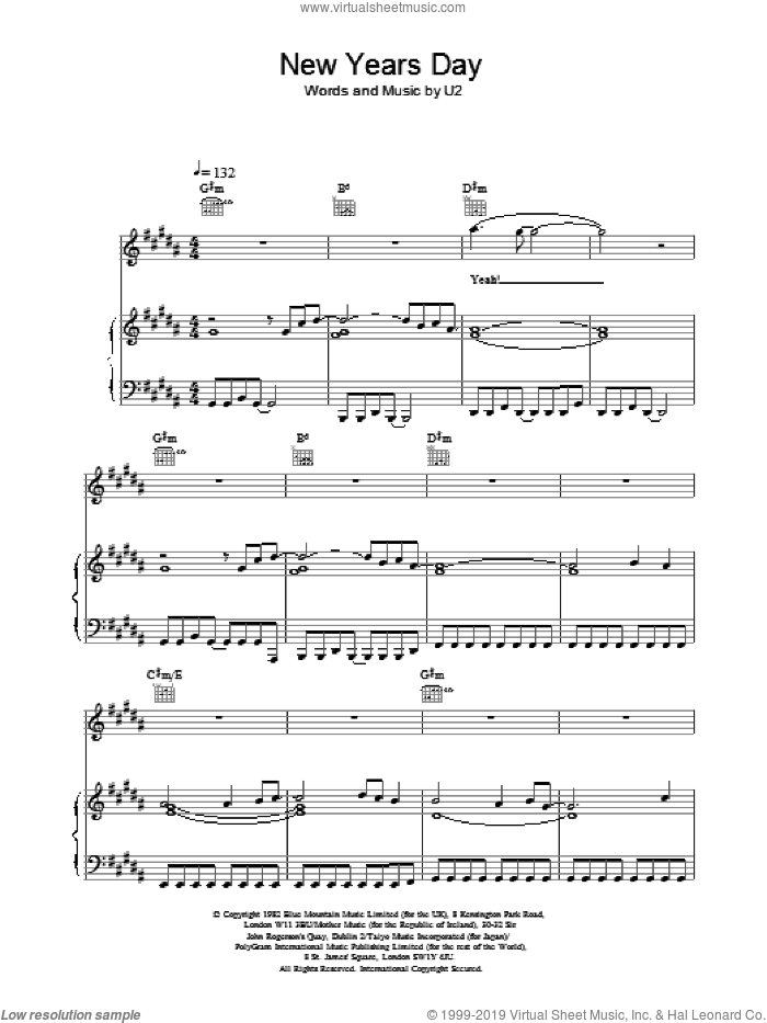 New Years Day sheet music for voice, piano or guitar by U2, intermediate skill level