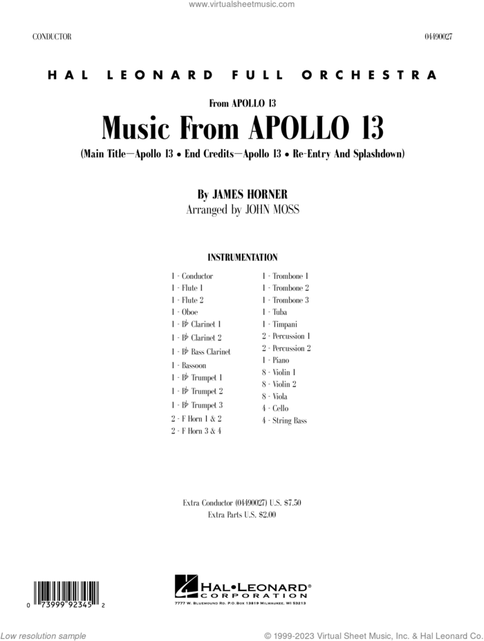 Music from Apollo 13 (arr. John Moss) (COMPLETE) sheet music for full orchestra by James Horner and John Moss, intermediate skill level