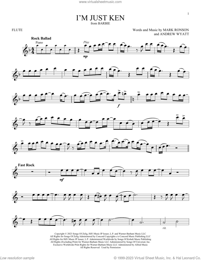 I'm Just Ken (from Barbie) sheet music for flute solo by Ryan Gosling, Andrew Wyatt and Mark Ronson, intermediate skill level