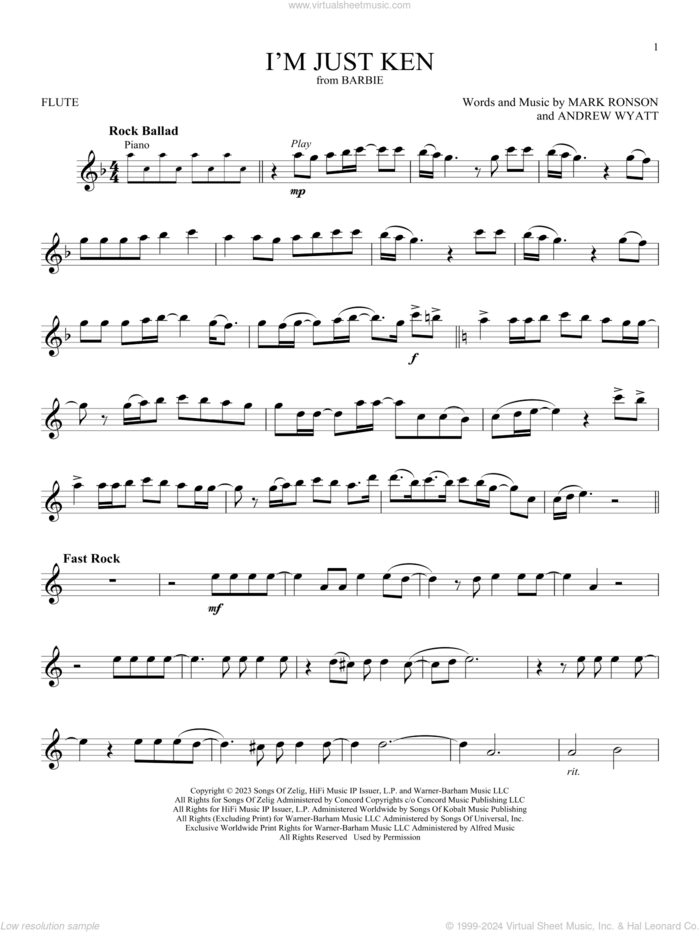 I'm Just Ken (from Barbie) sheet music for flute solo by Ryan Gosling, Andrew Wyatt and Mark Ronson, intermediate skill level