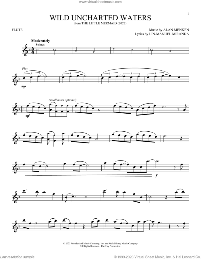 Wild Uncharted Waters (from The Little Mermaid) (2023) sheet music for flute solo by Jonah Hauer-King, Alan Menken and Lin-Manuel Miranda, intermediate skill level