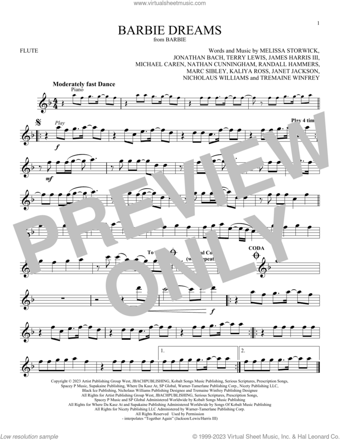 Barbie Dreams (from Barbie) (feat. Kaliii) sheet music for flute solo by FIFTY FIFTY, James Harris, Janet Jackson, Jonathan Bach, Kaliya Ross, Marc Sibley, Melissa Storwick, Michael Caren, Mike Caren, Nathan Cunningham, Nicholaus Williams, Randall Hammers, Terry Lewis and Tremaine Winfrey, intermediate skill level