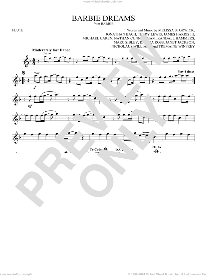 Barbie Dreams (from Barbie) (feat. Kaliii) sheet music for flute solo by FIFTY FIFTY, James Harris, Janet Jackson, Jonathan Bach, Kaliya Ross, Marc Sibley, Melissa Storwick, Michael Caren, Mike Caren, Nathan Cunningham, Nicholaus Williams, Randall Hammers, Terry Lewis and Tremaine Winfrey, intermediate skill level