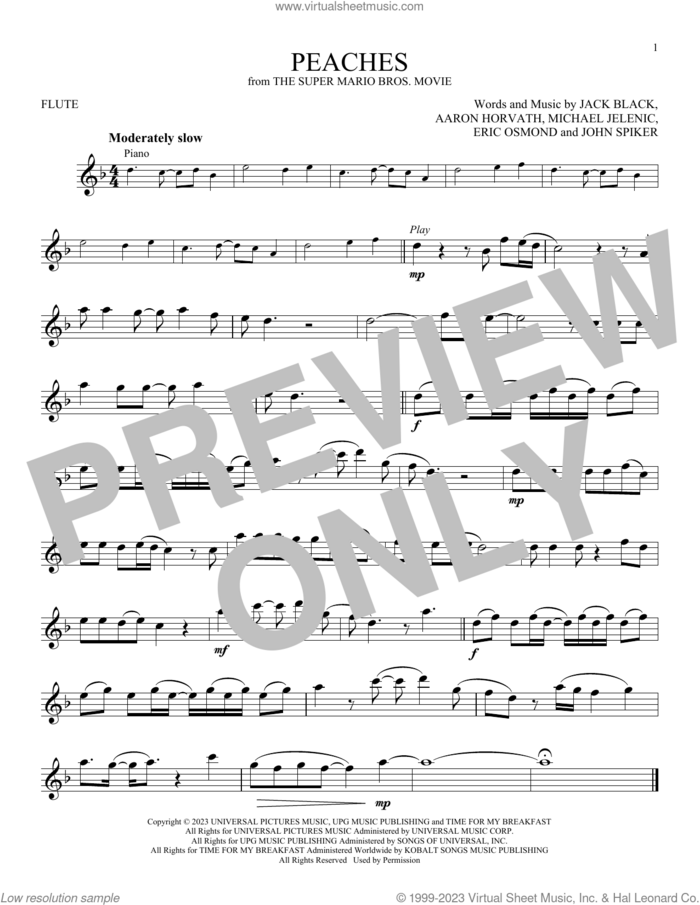 Peaches (from The Super Mario Bros. Movie) sheet music for flute solo by Jack Black, Aaron Horvath, Eric Osmond, John Spiker and Michael Jelenic, intermediate skill level