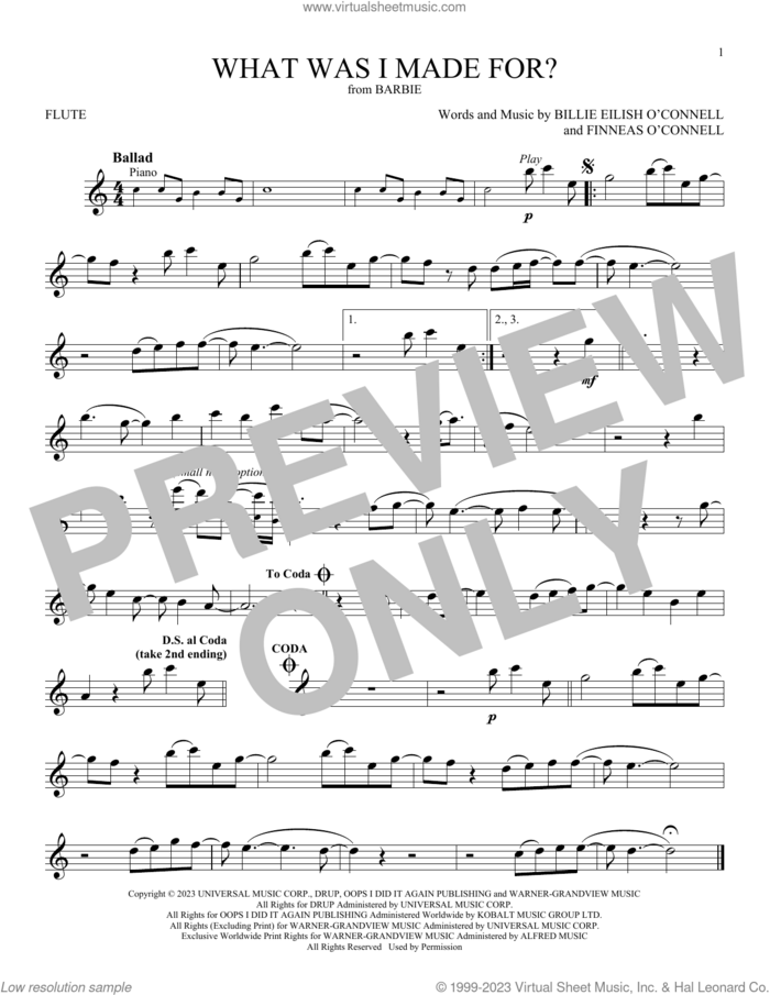 What Was I Made For? (from Barbie) sheet music for flute solo by Billie Eilish, intermediate skill level