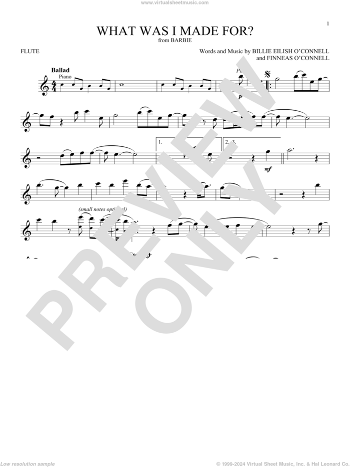 What Was I Made For? (from Barbie) sheet music for flute solo by Billie Eilish, intermediate skill level