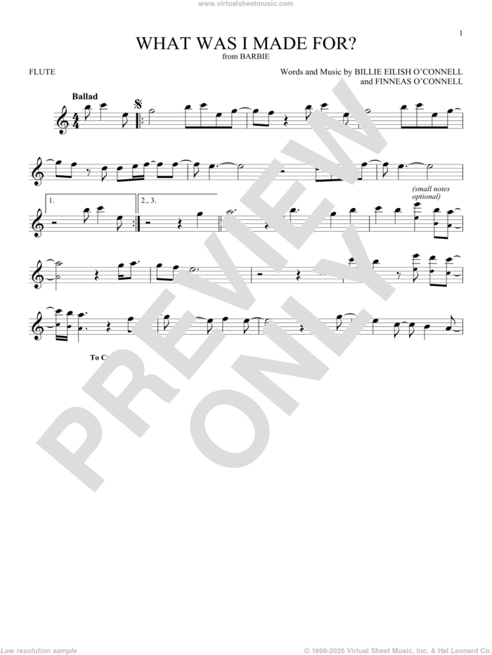 What Was I Made For? (from Barbie) sheet music for flute solo by Billie Eilish, intermediate skill level