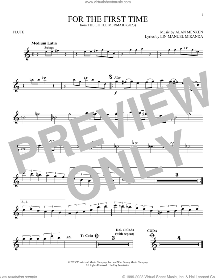For The First Time (from The Little Mermaid) (2023) sheet music for flute solo by Halle Bailey, Alan Menken and Lin-Manuel Miranda, intermediate skill level