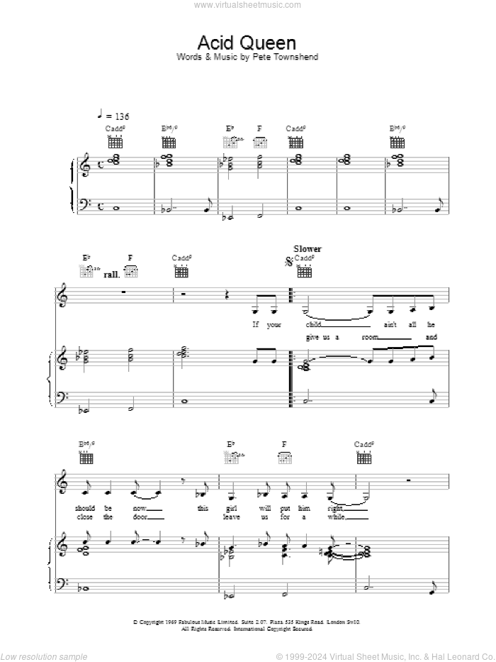 Acid Queen sheet music for voice, piano or guitar by The Who and Pete Townshend, intermediate skill level