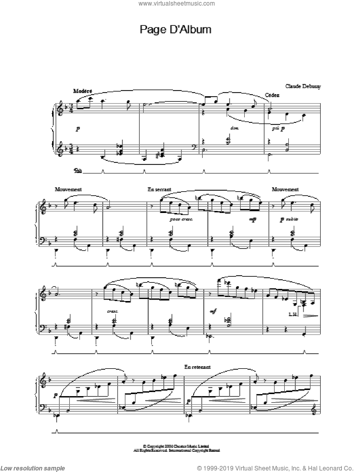 Page D'Album sheet music for piano solo by Claude Debussy, classical score, intermediate skill level