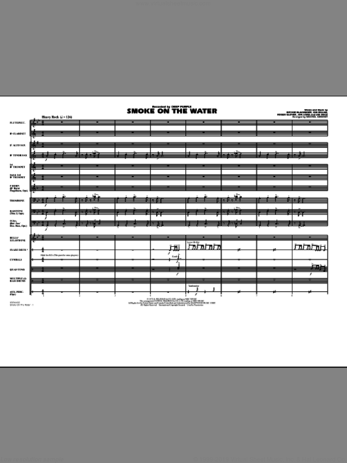 Smoke On The Water (COMPLETE) sheet music for marching band by Jon Lord, Ian Gillan, Ian Paice, Ritchie Blackmore, Roger Glover, Deep Purple and Michael Sweeney, intermediate skill level