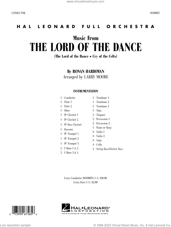 Music from The Lord Of The Dance (arr. Larry Moore) (COMPLETE) sheet music for full orchestra by Larry Moore and Ronan Hardiman, intermediate skill level