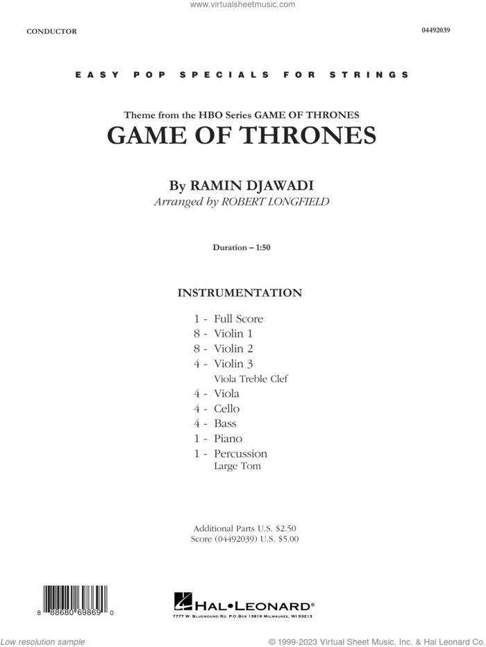 Game Of Thrones (arr. Robert Longfield) (COMPLETE) sheet music for orchestra by Ramin Djawadi and Robert Longfield, intermediate skill level