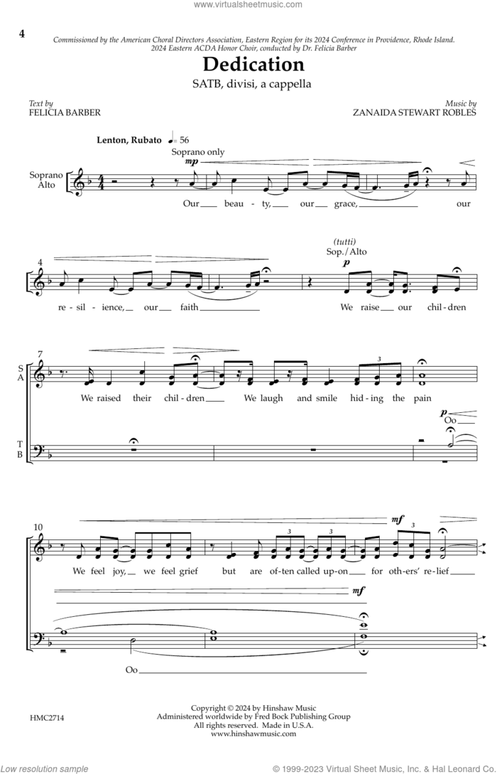 Dedication sheet music for choir (SATB: soprano, alto, tenor, bass) by Zanaida Stewart Robles and Felicia Barber, intermediate skill level